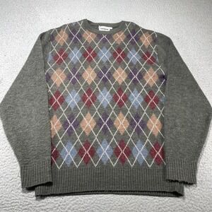 Vintage Campus Sweater Mens XLT Gray Argyle Knit Crewneck Pullover USA Warm